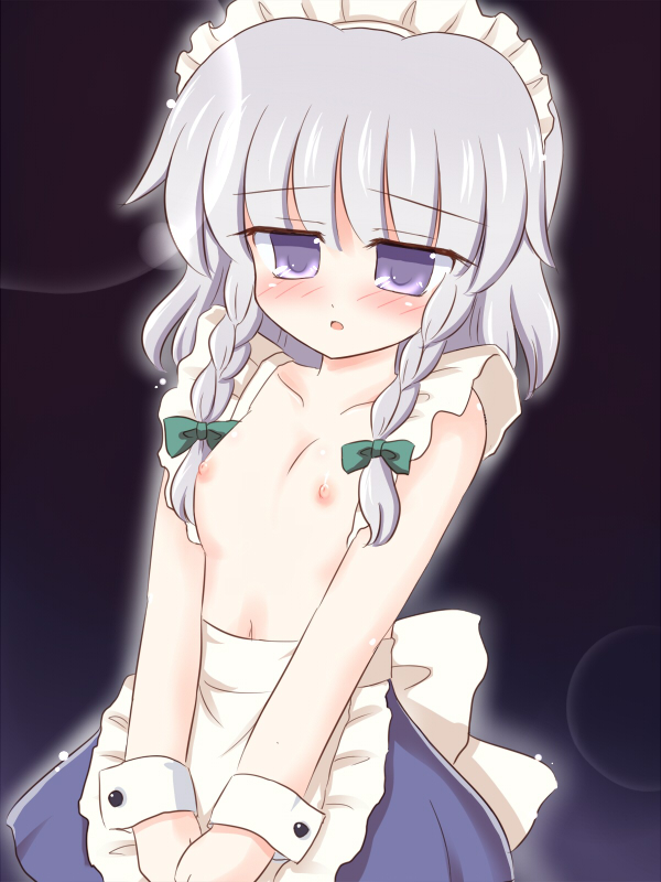 ry (yagoyago), izayoi sakuya, touhou, silver hair, apron, blush, braid, female focus, flat chest, loli, nipples, open mouth, purple eyes, short hair, solo, topless female, twin braids, wrist cuffs