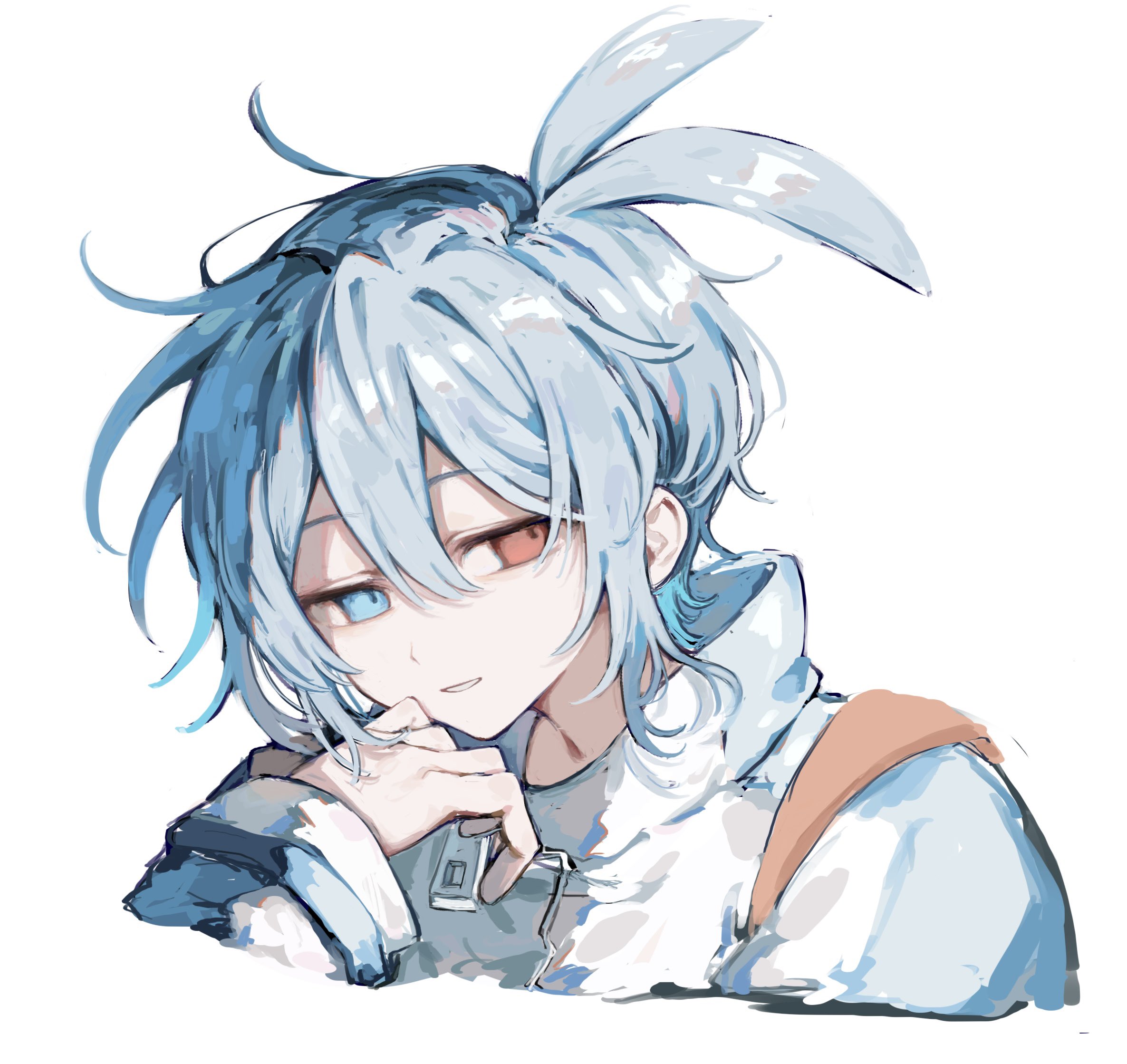 griffon0416, sig (puyopuyo), puyopuyo, highres, 1boy, blue eyes, blue hair, double-parted bangs, hair between eyes, heterochromia, long sleeves, looking at viewer, male focus, parted lips, red eyes, short hair, simple background, solo, upper body, white background, zipper, zipper pull tab