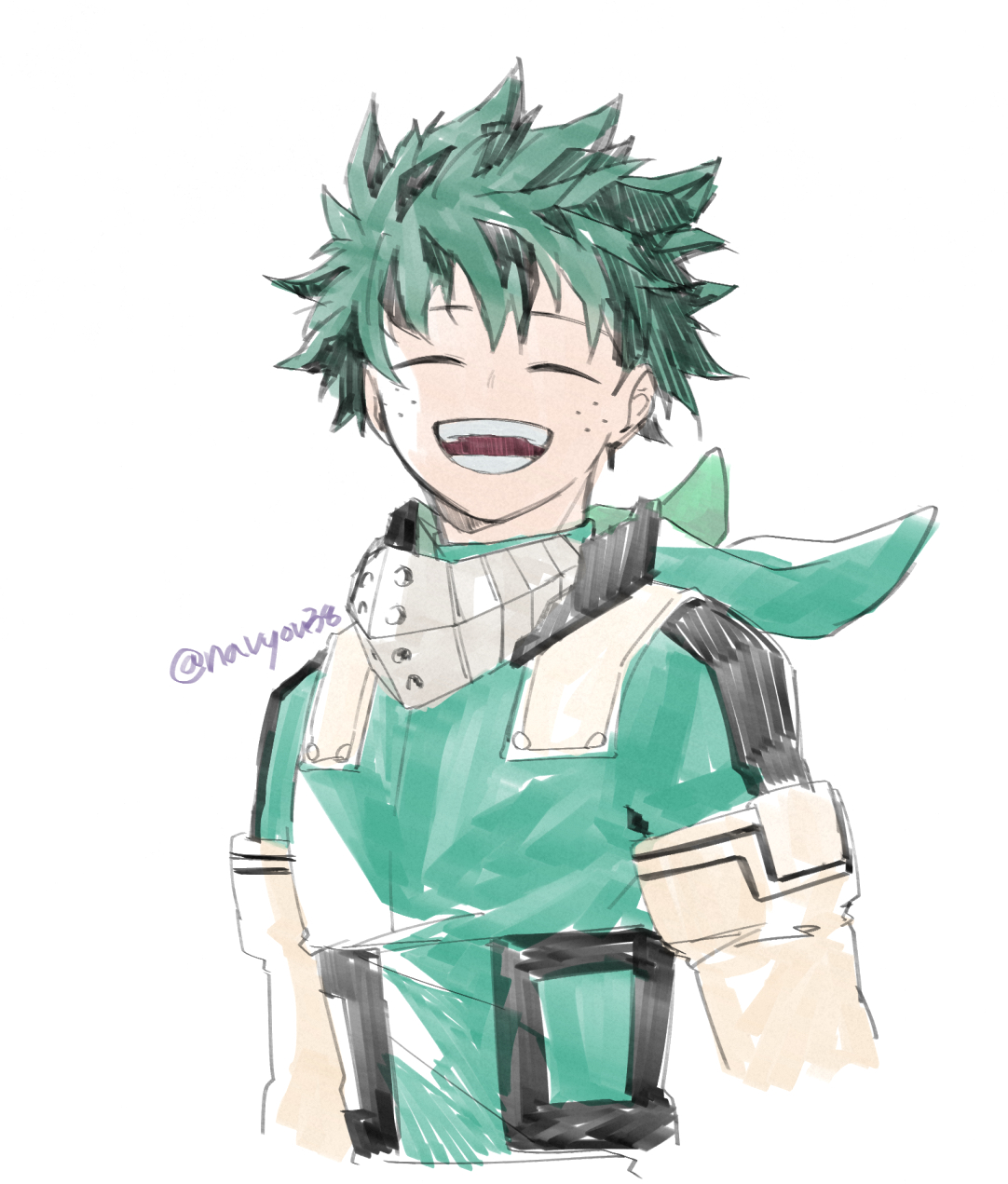 midoriya izuku, boku no hero academia, commentary request, highres, unfinished, 1boy, closed eyes, cropped torso, freckles, gloves, green hair, green shirt, korean text, male focus, navyou38, open mouth, shirt, simple background, smile, solo, superhero costume, teeth, twitter username, white background, white gloves
