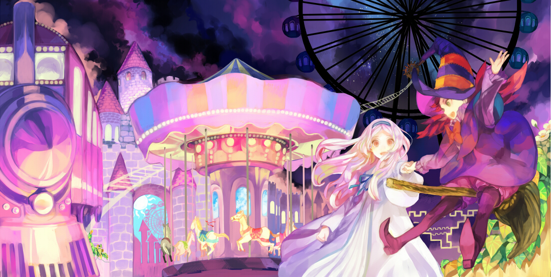 kawwa, original, bad id, bad pixiv id, 2girls, broom, broom riding, carnival, carousel, castle, ferris wheel, hat, long hair, multiple girls, nightgown, smile, train, white hair, witch, witch hat