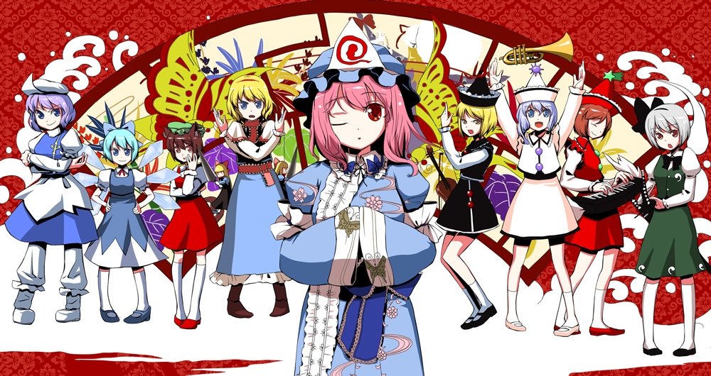 b-ginga, alice margatroid, chen, cirno, konpaku youmu, konpaku youmu (ghost), letty whiterock, lunasa prismriver, lyrica prismriver, merlin prismriver, saigyouji yuyuko, perfect cherry blossom, touhou, bad id, bad pixiv id, 6+girls, blonde hair, doll, hitodama, instrument, keyboard (instrument), multiple girls, piano, symbol-shaped pupils, trumpet, violin, wings