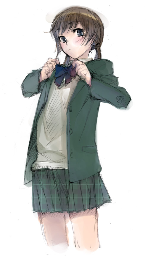 mignon, original, 1girl, blue eyes, blush, bow, bowtie, brown hair, cropped legs, female focus, jacket, plaid clothes, plaid skirt, school uniform, simple background, sketch, skirt, solo, twintails, white background