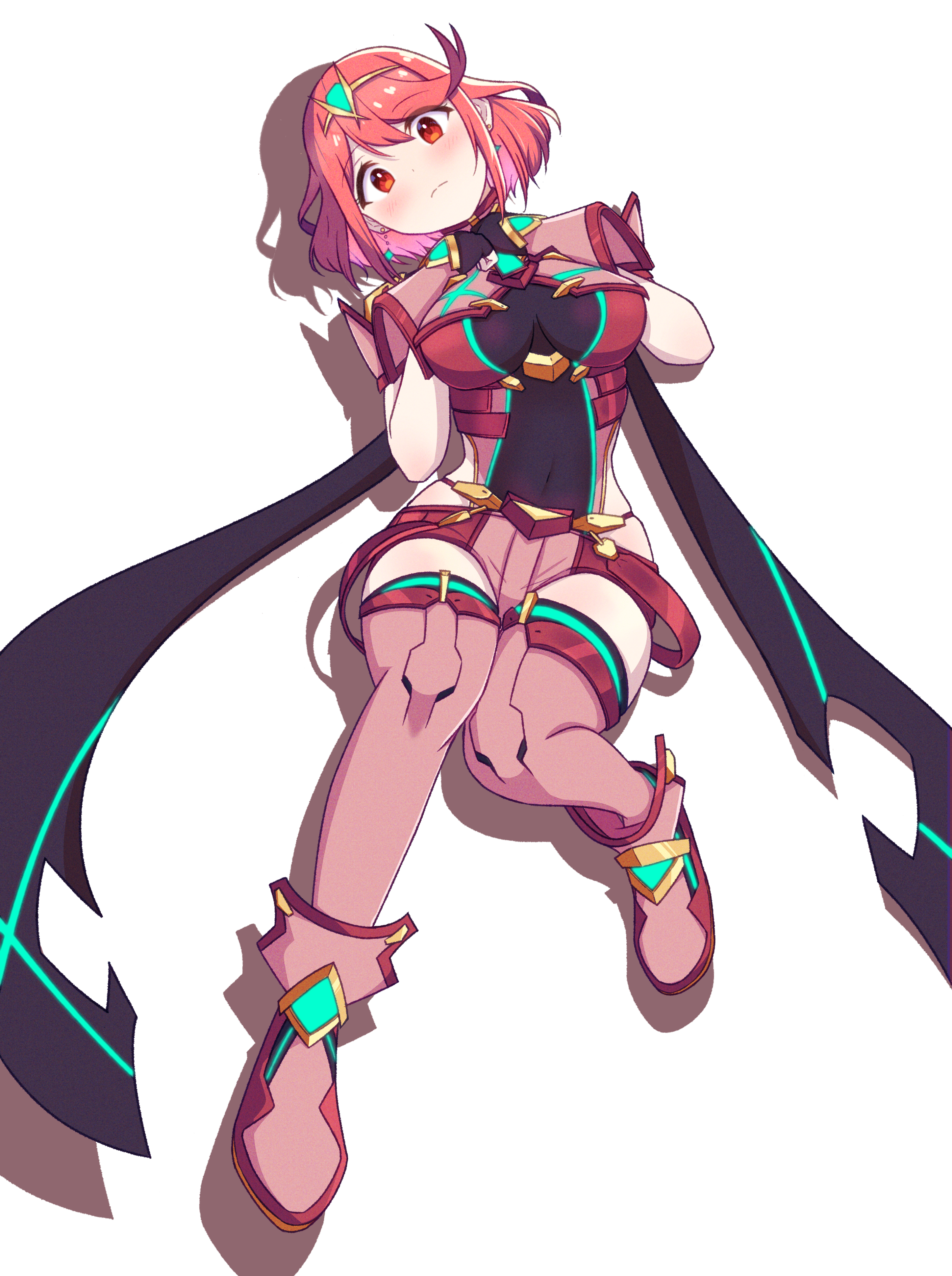 reason3 s, pyra (xenoblade), xenoblade chronicles (series), xenoblade chronicles 2, absurdres, commentary request, highres, 1girl, black gloves, blush, bob cut, boots, breasts, closed mouth, clothing cutout, core crystal (xenoblade), covered navel, full body, gloves, hands on own cheeks, hands on own face, head tilt, hip vent, knees up, large breasts, looking at viewer, lying, on back, red boots, red eyes, red hair, red shorts, shadow, short hair, shorts, simple background, solo, swept bangs, thigh boots, tiara, white background
