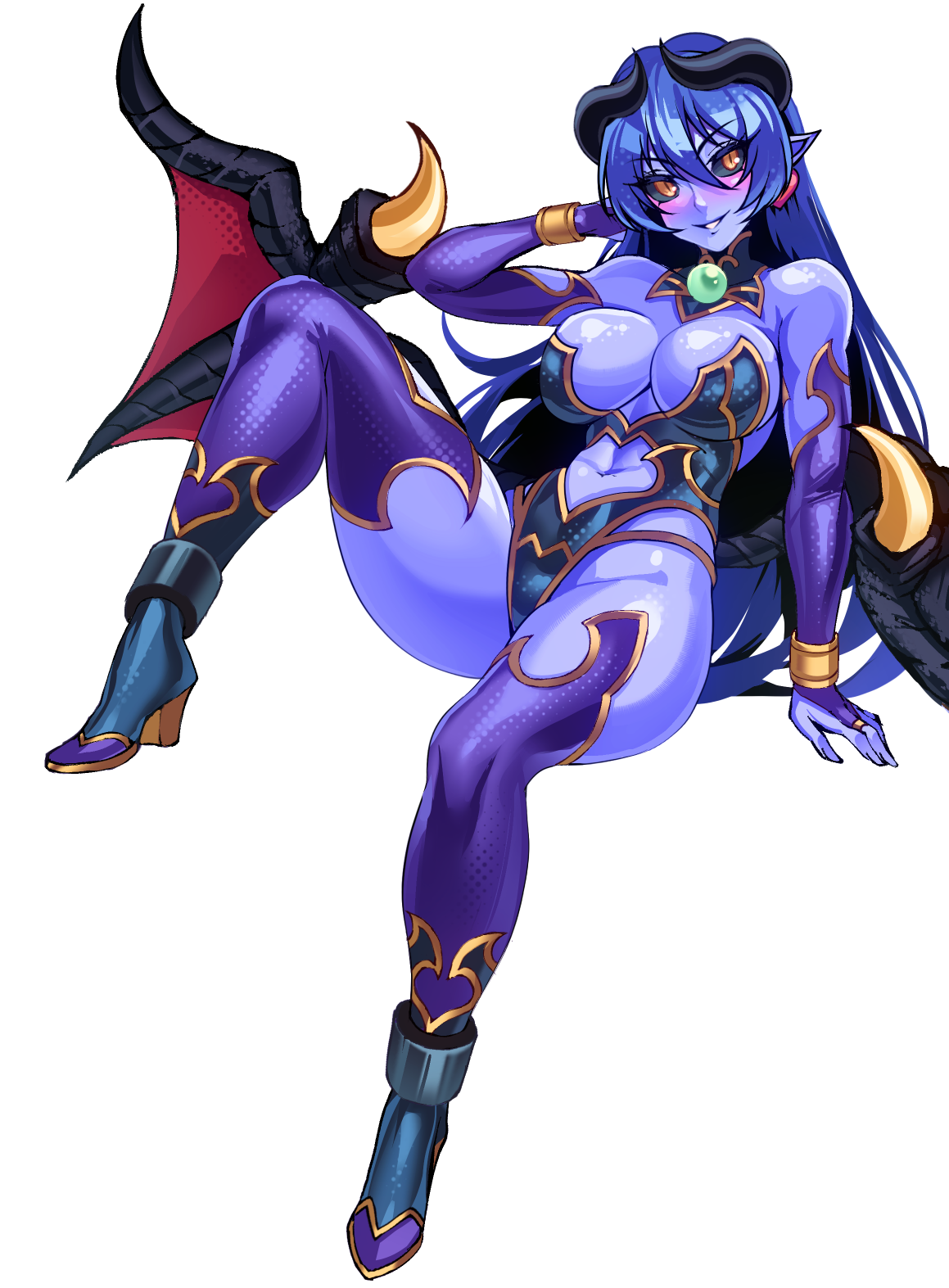 volyz, astaroth (shinrabanshou), shinrabanshou, highres, 1girl, black sclera, blue hair, blue skin, blush, boots, breasts, bridal gauntlets, clothing cutout, colored sclera, colored skin, demon girl, demon tail, earrings, grin, heart, heart earrings, highleg, horns, impossible clothes, impossible leotard, jewelry, large breasts, leotard, long hair, navel cutout, pointy ears, purple boots, purple bridal gauntlets, red wings, simple background, sitting, skin tight, smile, solo, tail, thigh boots, white background, wings, yellow eyes