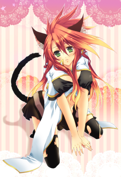 nanatomi yuki, luke fon fabre, tales of (series), tales of the abyss, 00s, 1girl, animal ears, female focus, genderswap, genderswap (mtf), green eyes, looking up, red hair, solo, tail, thighhighs, torn clothes