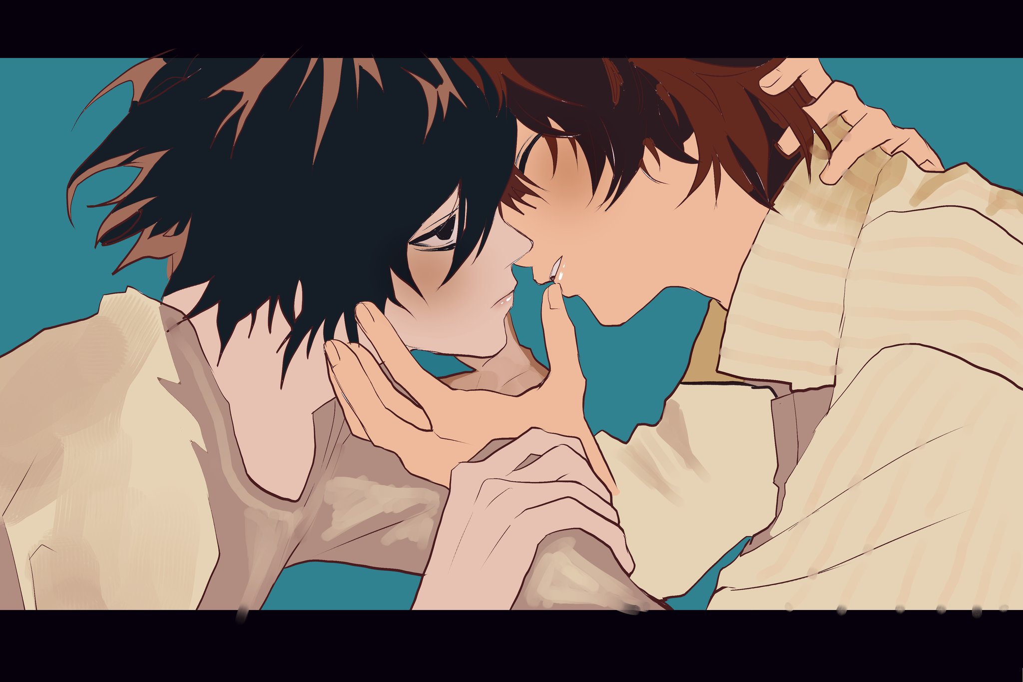 hagisawayui2, l (death note), yagami light, death note, commentary request, highres, 2boys, black border, black hair, blue background, border, brown hair, closed mouth, collarbone, hair between eyes, hand in another's hair, hand on another's chin, holding another's wrist, imminent kiss, legs up, letterboxed, looking at another, male focus, multiple boys, no eyebrows, parted lips, shirt, short hair, upper body, white shirt, yaoi