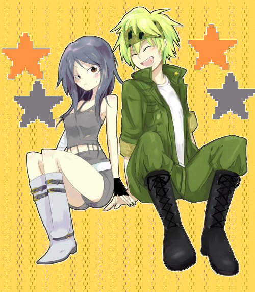 kyun (kana1), colonello, lal mirch, katekyo hitman reborn!, bad id, bad pixiv id, 00s, 1boy, 1girl, angry, black hair, blonde hair, blush, boots, brown eyes, couple, hetero, laughing, long hair, pout, short hair, shorts, smile, tank top