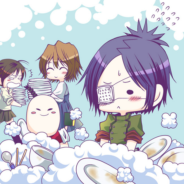 chrome dokuro, i-pin, miura haru, riven, sasagawa kyouko, katekyo hitman reborn!, washing, resized, :>, :<, ^ ^, blush, blush stickers, braid, brown hair, bubble, chibi, chopsticks, closed eyes, dishes, eyepatch, nervous, open mouth, pixiv thumbnail, purple hair, short hair, single braid, skirt, sleeves rolled up, smile, spoon, sweat, thighhighs, turn pale