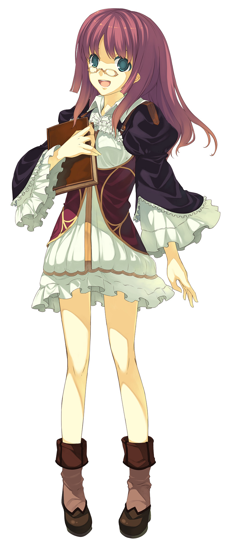 shiranagi masa, original, bad id, bad pixiv id, highres, long image, tall image, 1girl, book, boots, dress, female focus, frills, full body, gathers, glasses, green eyes, lace, long hair, pink hair, red hair, short dress, smile, solo, standing, transparent background, white background