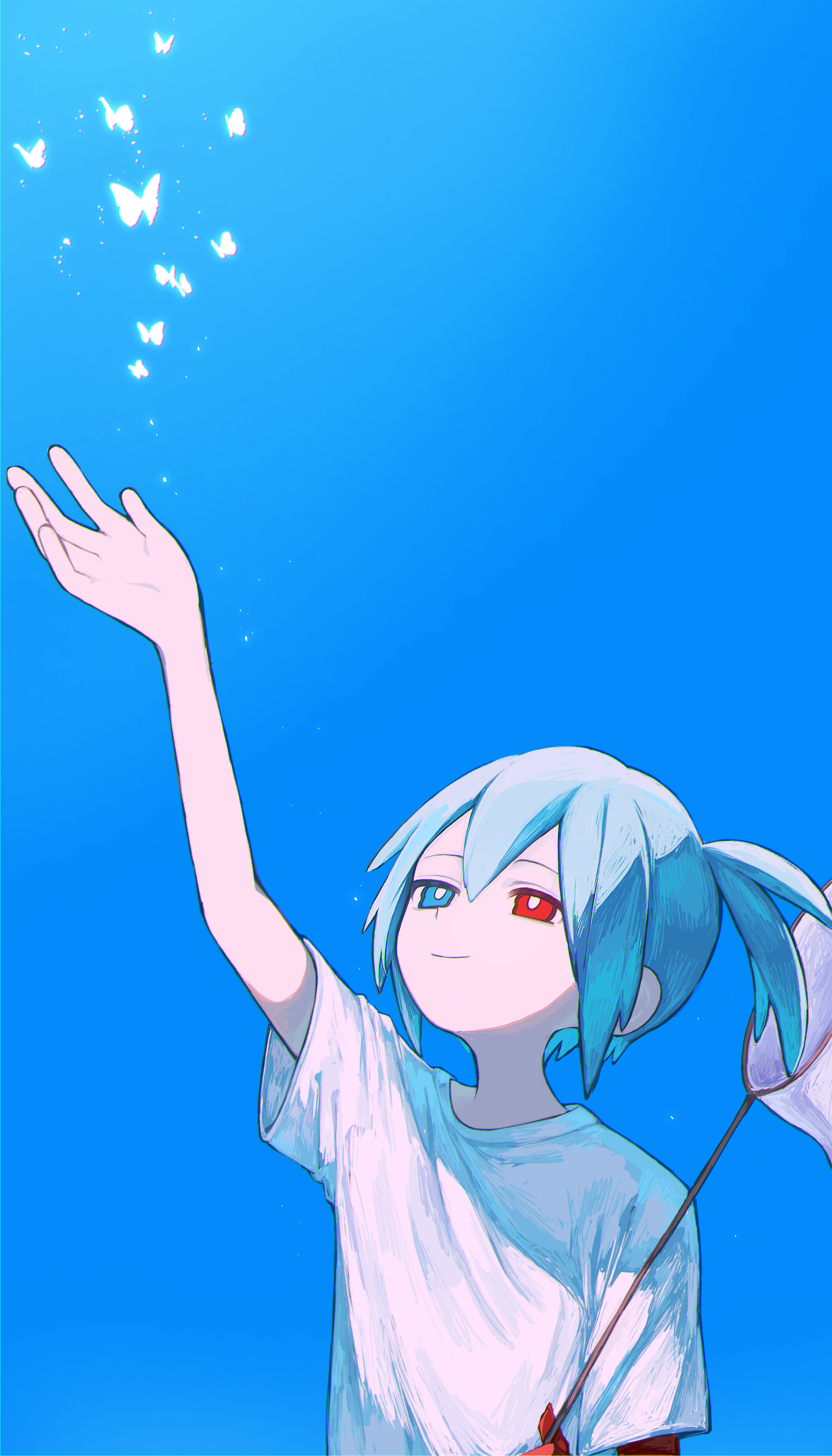 griffon0416, sig (puyopuyo), puyopuyo, absurdres, commentary request, highres, 1boy, alternate costume, arm up, blue eyes, blue hair, blue sky, bright pupils, bug, butterfly, butterfly net, hand net, heterochromia, holding, holding butterfly net, insect, male focus, outdoors, red eyes, shirt, short hair, short sleeves, sky, solo, t-shirt, white pupils, white shirt