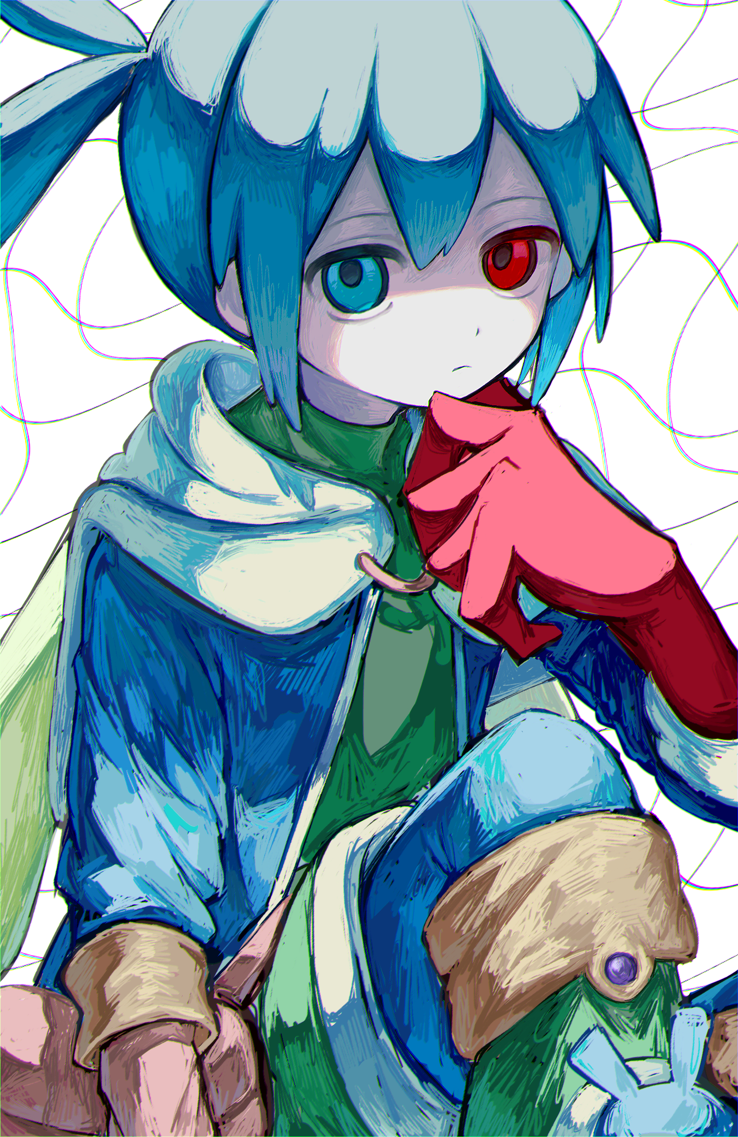 griffon0416, sig (puyopuyo), puyopuyo, commentary request, highres, 1boy, blue eyes, blue hair, blue jacket, blue pants, closed mouth, expressionless, heterochromia, jacket, long sleeves, looking at viewer, male focus, pants, red eyes, short hair, sketch, solo
