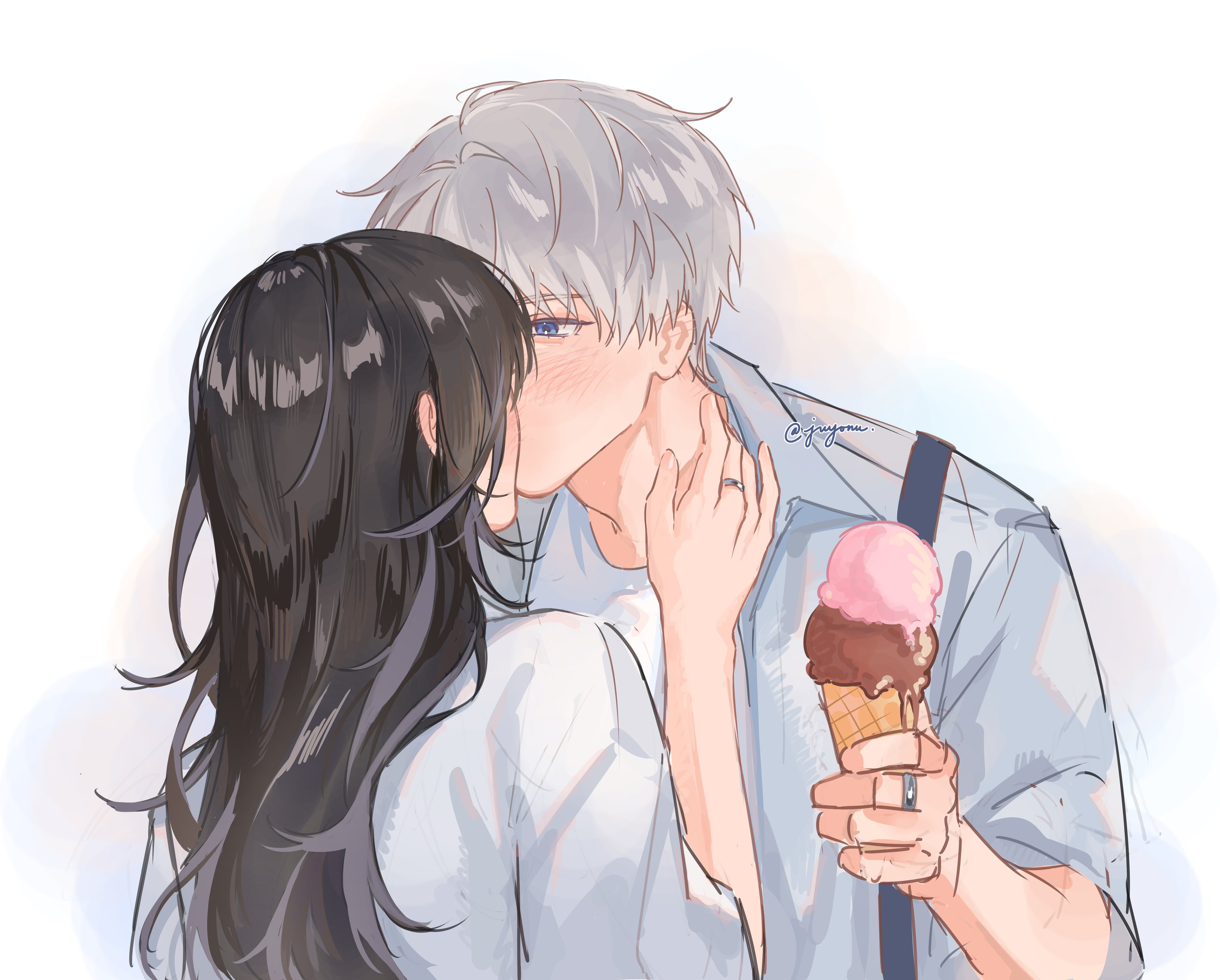 protagonist (love and deepspace), xavier (love and deepspace), love and deepspace, absurdres, commentary, english commentary, highres, 1boy, 1girl, 4aftrnoon, black hair, blue eyes, collared shirt, couple, grey hair, hand on another's neck, hetero, holding, holding ice cream cone, ice cream cone, jewelry, kiss, light blush, long hair, looking at another, ring, shirt, shirt under shirt, short hair, short sleeves, twitter username, upper body, white background, white shirt