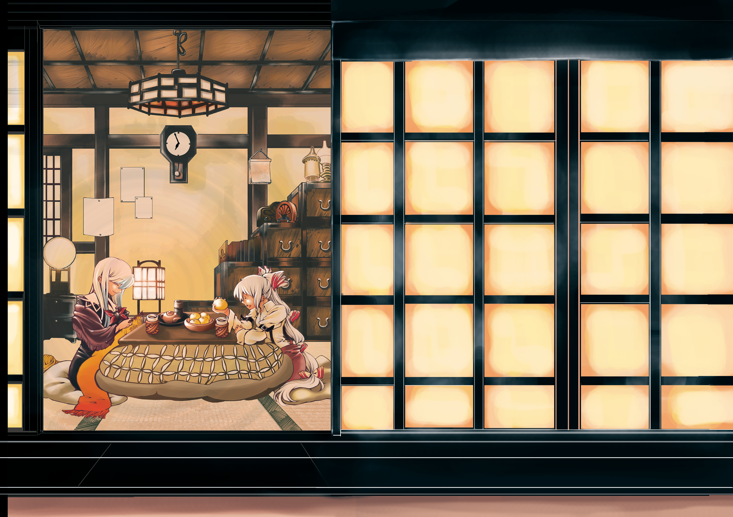 sano sanoko, fujiwara no mokou, kamishirasawa keine, touhou, silver hair, highres, 2girls, blue hair, bow, clock, closed eyes, eating, female focus, hair bow, house, knitting, kotatsu, long hair, multiple girls, shawl, shouji, slice of life, sliding doors, smile, table, tea, teapot, very long hair