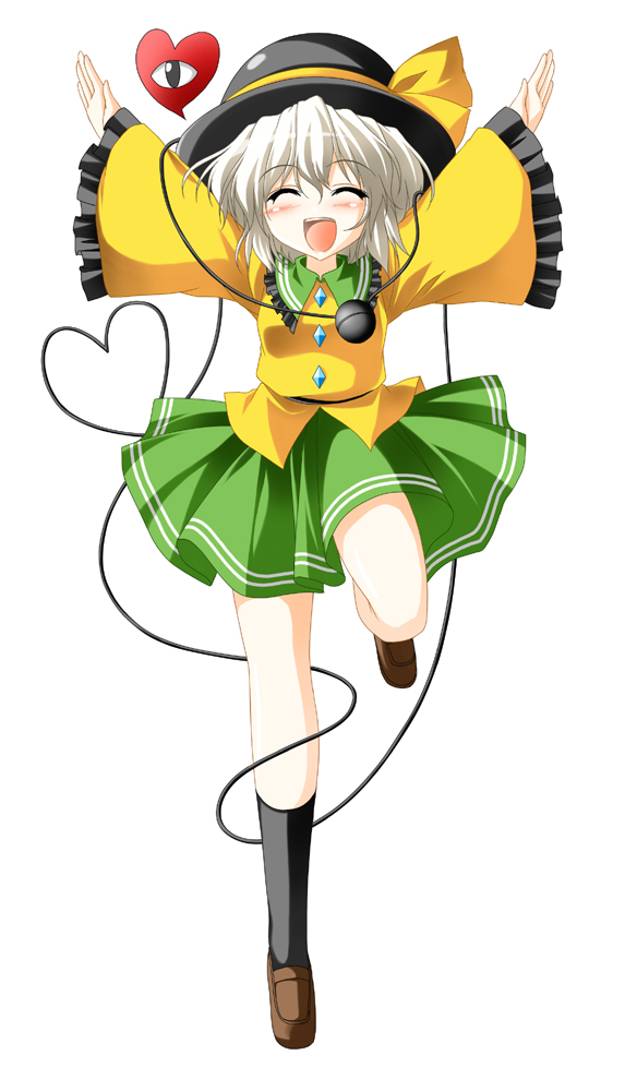 kamiya tomoe, komeiji koishi, glico, touhou, silver hair, 1girl, closed eyes, female focus, full body, happy, hat, heart, short hair, simple background, solo, white background