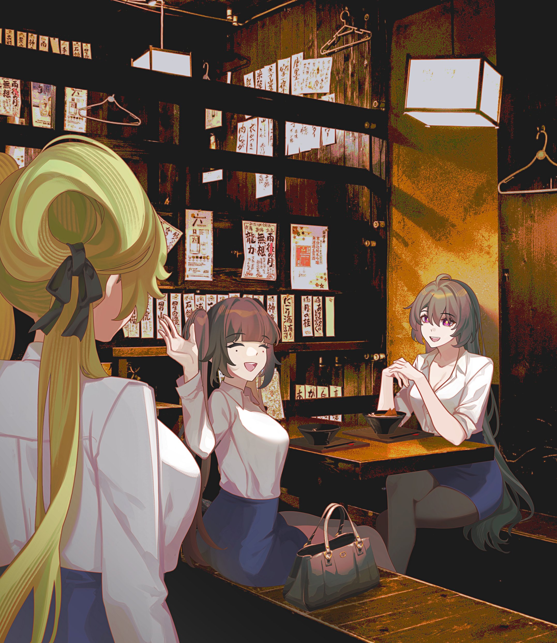 tana (tanabio), ai hyperion lambda, sparkle (honkai: star rail), vita (honkai impact), honkai: star rail, honkai (series), honkai impact 3rd, absurdres, commentary, english commentary, highres, 3girls, bag, black pantyhose, blue skirt, breasts, brown hair, cleavage, clothes hanger, crossed legs, green hair, grey hair, handbag, indoors, large breasts, long hair, multiple girls, open mouth, pantyhose, purple eyes, shirt, sitting, skirt, smile, table, twintails, very long hair, white shirt