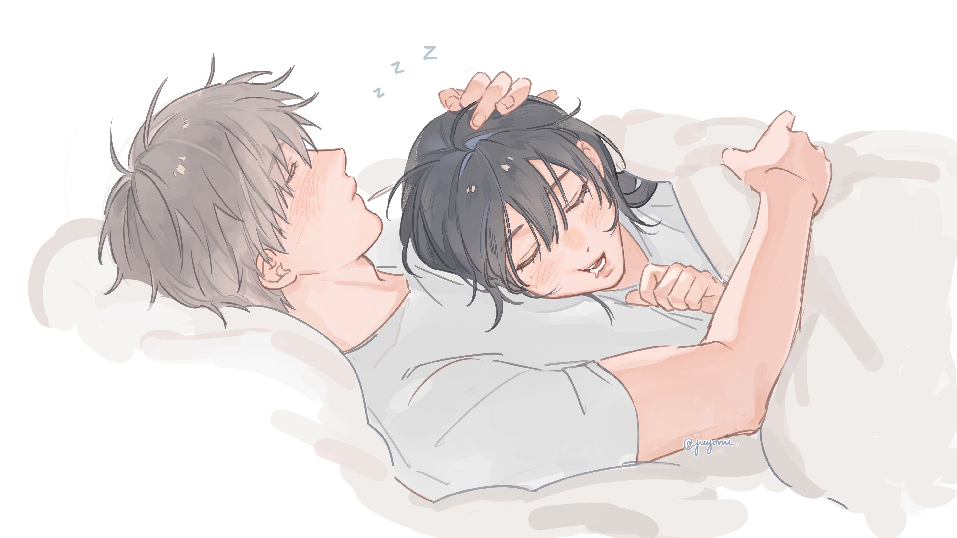 protagonist (love and deepspace), xavier (love and deepspace), love and deepspace, absurdres, highres, 1boy, 1girl, 4aftrnoon, black hair, closed eyes, couple, drooling, grey hair, hair between eyes, hand on another's head, hetero, light blush, long hair, mouth drool, on bed, open mouth, pillow, shirt, short hair, sleeping, t-shirt, under covers, white background, white shirt, zzz