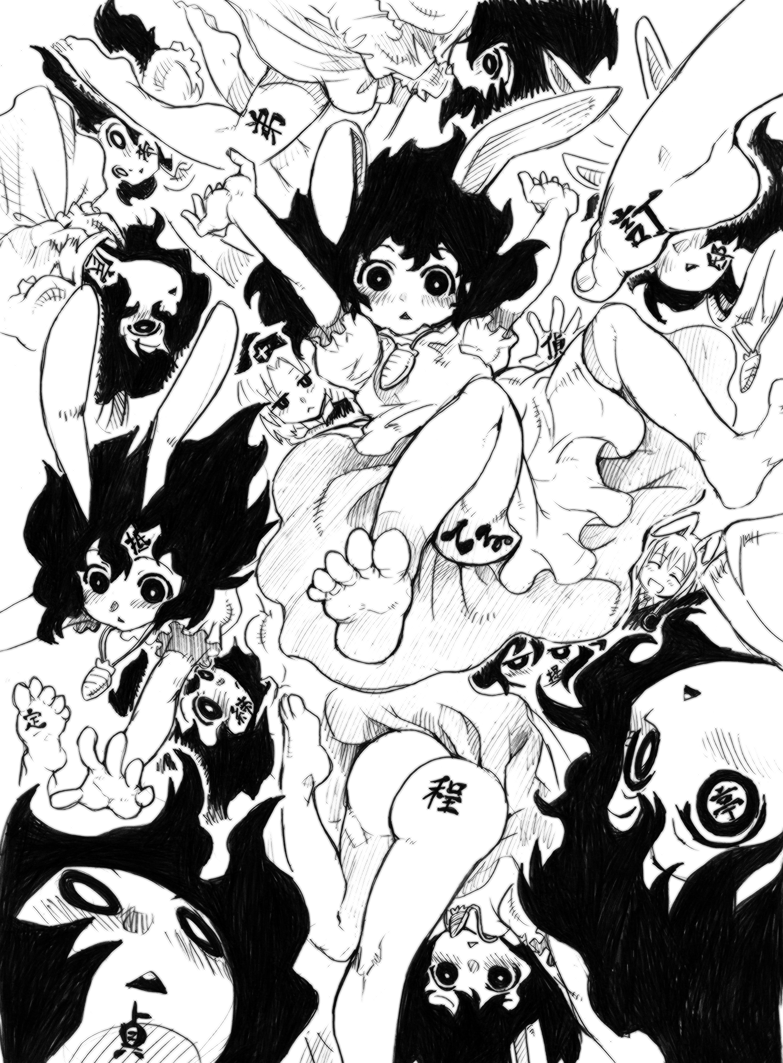 warainaku, inaba tewi, reisen udongein inaba, yagokoro eirin, touhou, absurdres, bad id, bad pixiv id, highres, translated, 6+girls, :<, animal ears, ass, barefoot, clone, falling, feet, female focus, greyscale, japanese text, monochrome, multiple girls, rabbit ears, sketch