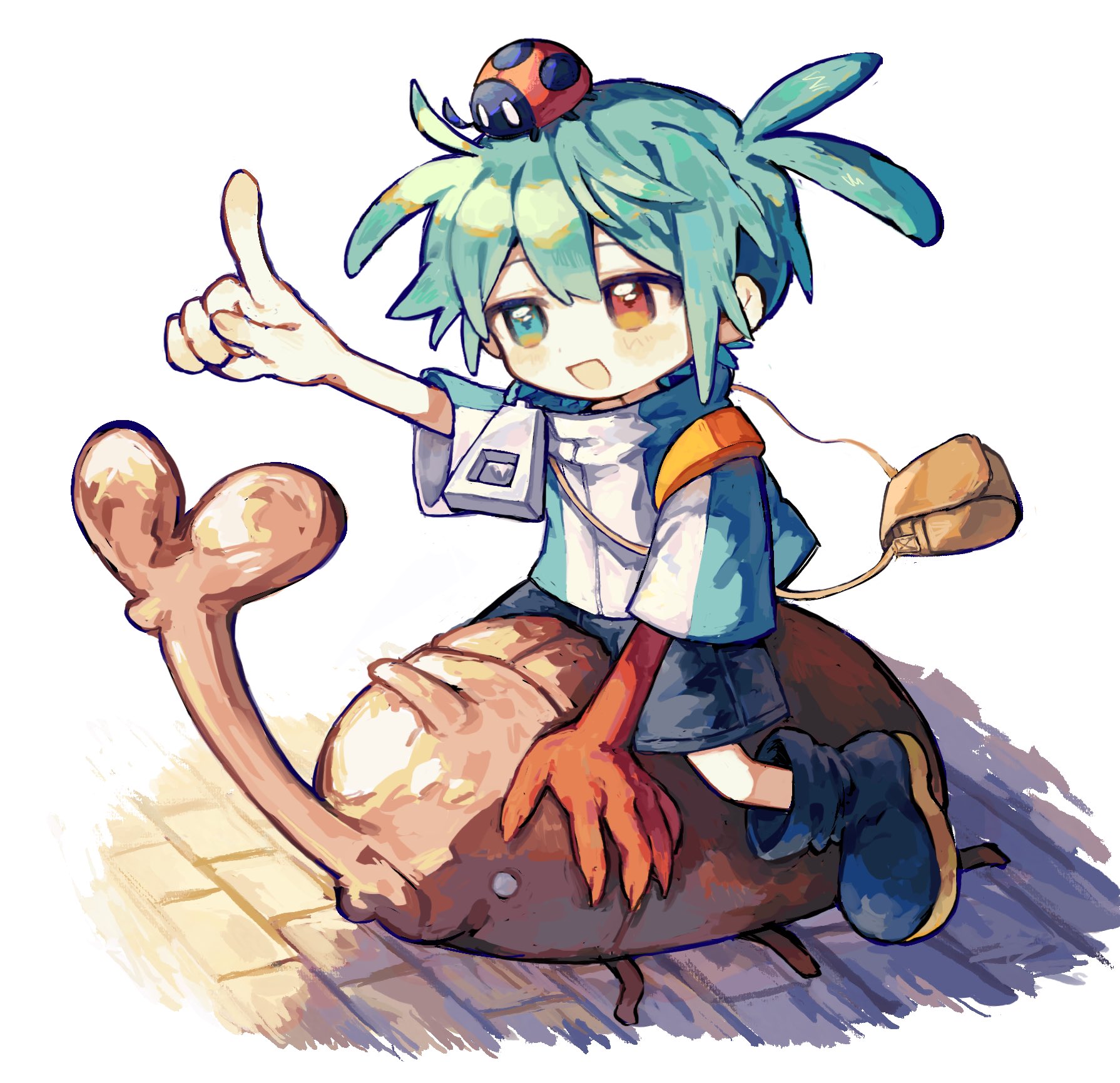 griffon0416, sig (puyopuyo), puyopuyo, highres, 1boy, beetle, black boots, black shorts, blue eyes, blue hair, blush, boots, brown bag, bug, double-parted bangs, hair between eyes, heterochromia, index finger raised, insect, ladybug, male focus, open mouth, red eyes, short hair, short sleeves, shorts, simple background, smile, solo, white background, zipper, zipper pull tab