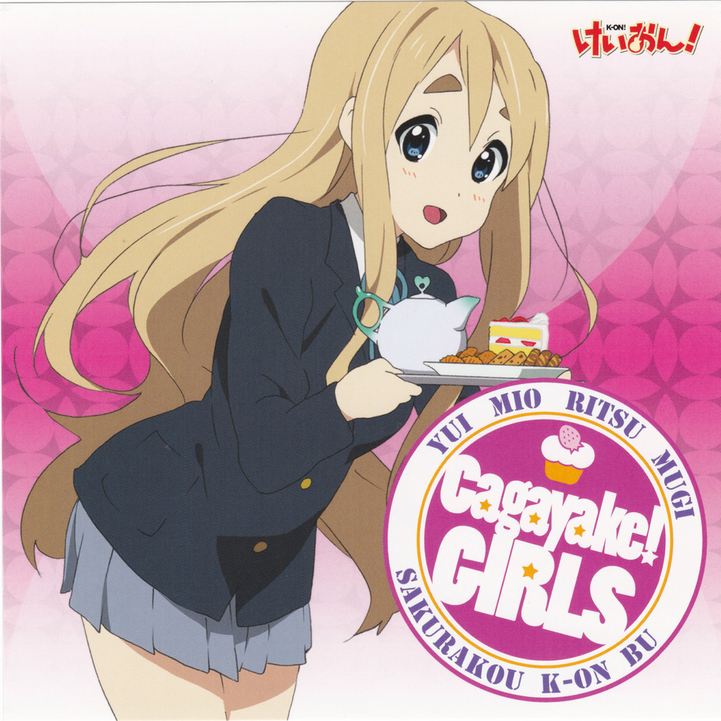 kotobuki tsumugi, k-on!, official art, 00s, 1girl, album cover, blonde hair, blue eyes, cover, female focus, sakuragaoka high school uniform, school uniform, solo, teapot