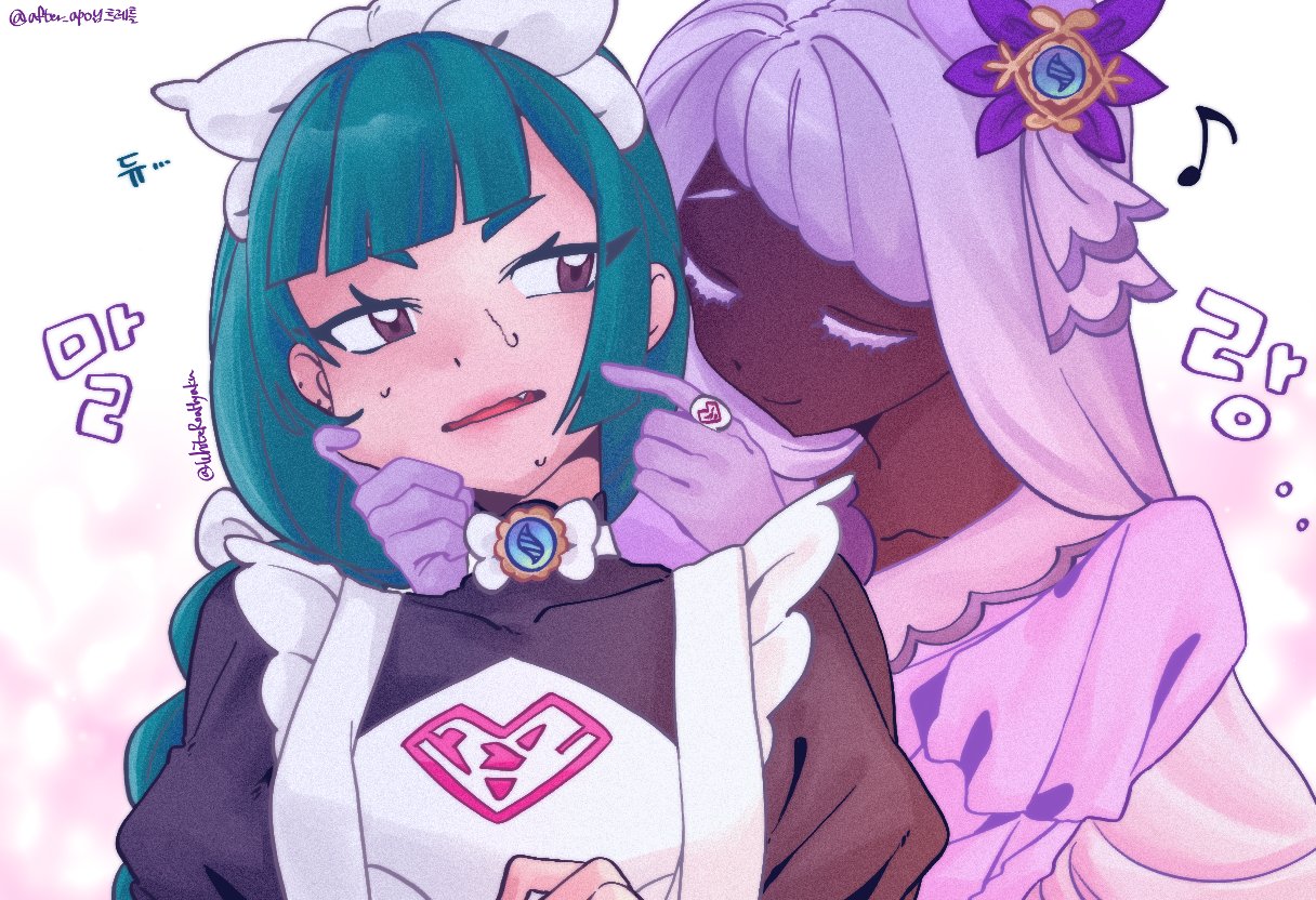 jacinthe (pokemon), lebanne (pokemon), nintendo, pokemon, pokemon legends: z-a, commentary request, korean commentary, 2girls, braid, brown eyes, dark-skinned female, dark skin, fang, green hair, korean text, long hair, looking at another, maid, maid headdress, multiple girls, open mouth, purple hair, single braid, smile, sweat, whiteroahyaku, yuri