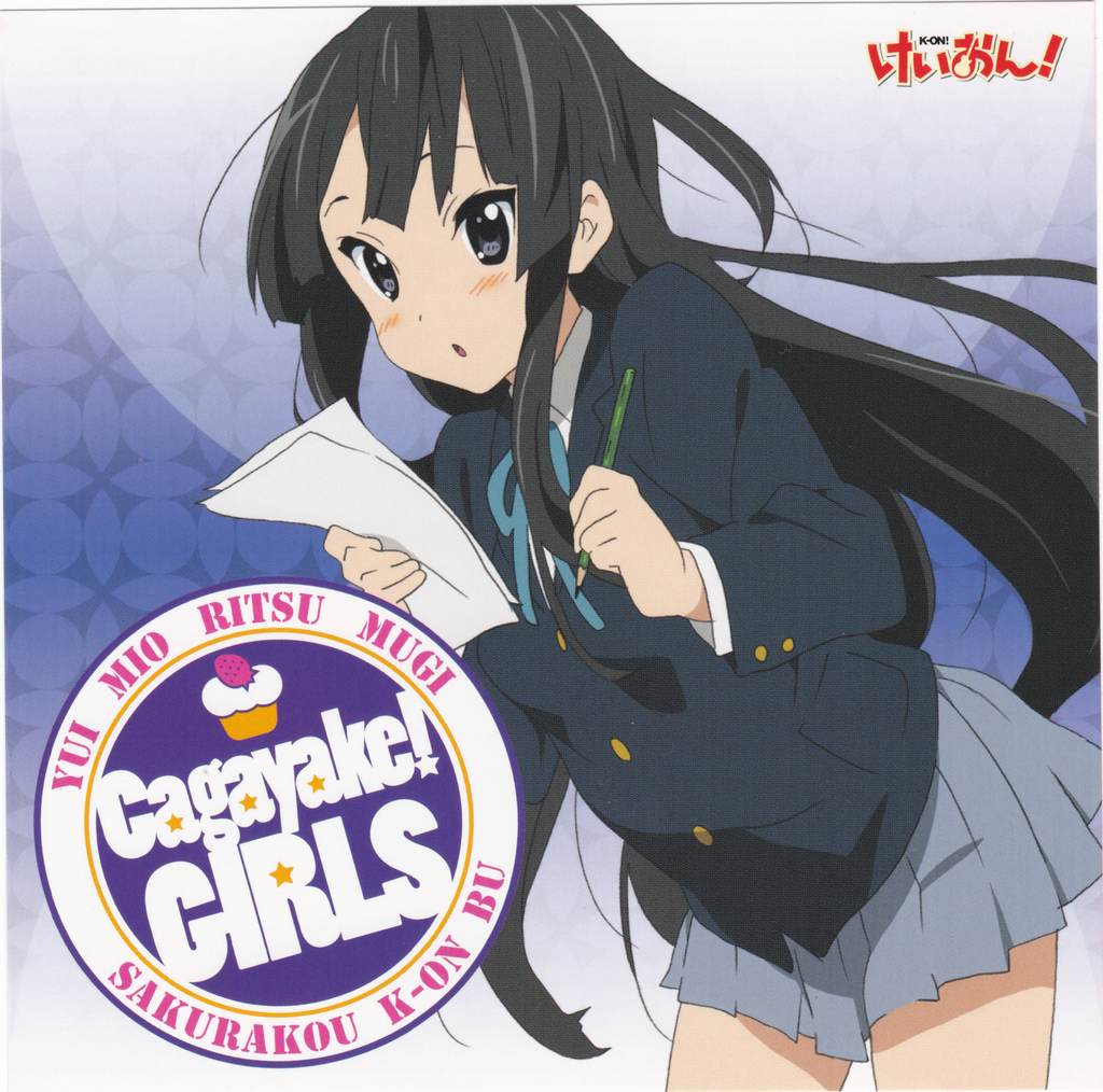 akiyama mio, k-on!, official art, 00s, 1girl, album cover, black eyes, black hair, blunt bangs, cover, female focus, hime cut, long hair, pencil, school uniform, solo, wooden pencil