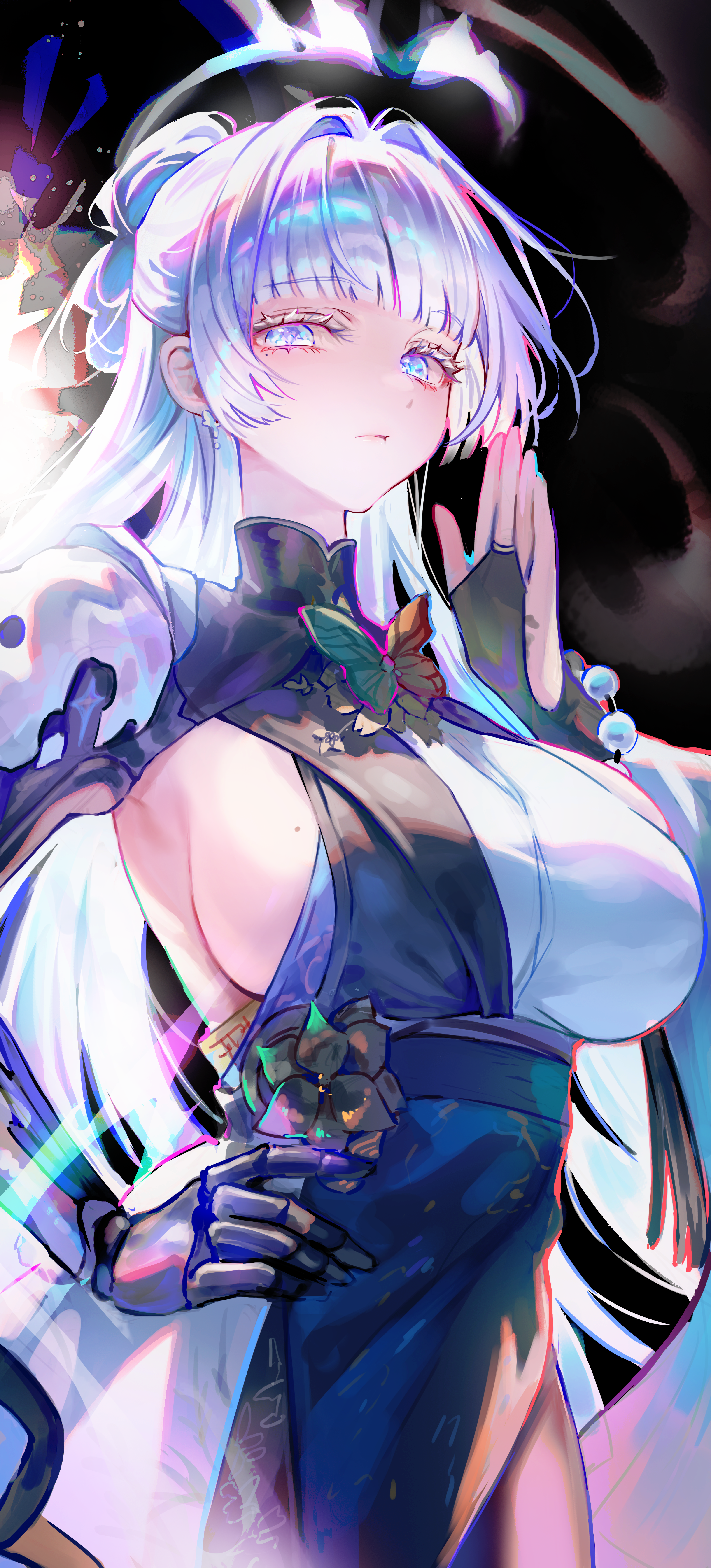 someang, nayuta (nikke), goddess of victory: nikke, absurdres, commentary, highres, 1girl, blue eyes, breasts, bridal gauntlets, colored eyelashes, dress, earrings, halo, jewelry, large breasts, looking at viewer, monk, parted lips, prosthesis, prosthetic arm, sideboob, solo, two-tone dress, unusually open eyes, white eyelashes, white hair