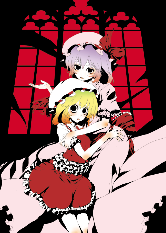 neichiru, flandre scarlet, remilia scarlet, touhou, light purple hair, 2girls, black eyes, blonde hair, female focus, frills, gradient hair, hat, hug, multicolored hair, multiple girls, no nose, orange hair, pink hair, siblings, sisters, window, wings