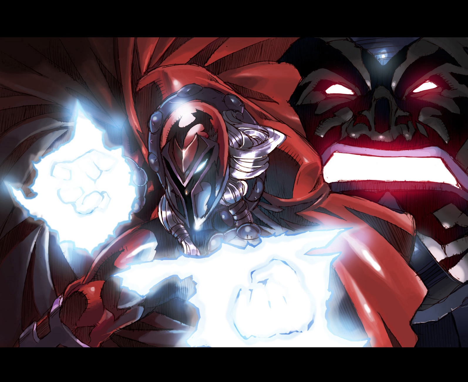 warainaku, apocalypse (marvel), magneto, marvel, x-men, silver hair, bad id, bad pixiv id, highres, 2boys, apocalypse, aura, cape, fighting stance, glowing, glowing eyes, helm, helmet, letterboxed, long hair, looking at viewer, male focus, multiple boys