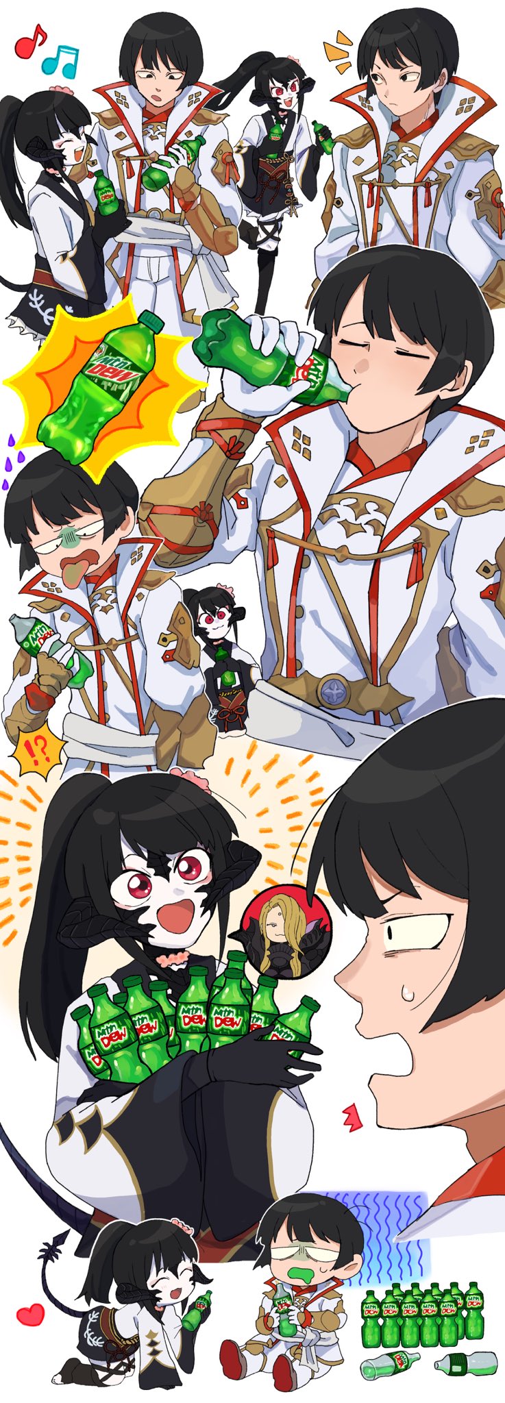 glaa da, asahi sas brutus, warrior of light (ff14), zenos yae galvus, final fantasy, final fantasy xiv, commentary, commission, commissioner upload, english commentary, highres, skeb commission, 1boy, 1other, armor, au ra, black hair, black horns, black scales, black tail, blunt bangs, bowl cut, closed eyes, flower, gloves, hair flower, hair ornament, high ponytail, holding, horns, hyur, izumi tol amulius, japanese armor, japanese clothes, kimono, long hair, open mouth, ponytail, red eyes, red trim, scales, short hair, smile, straight hair, tail, white background, yukata