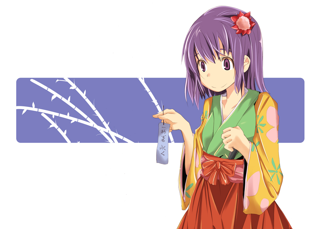 maturiuta sorato, hieda no akyuu, touhou, 1girl, female focus, hakama, hakama skirt, holding, holding tanzaku, japanese clothes, purple eyes, purple hair, red hakama, skirt, solo, tanzaku