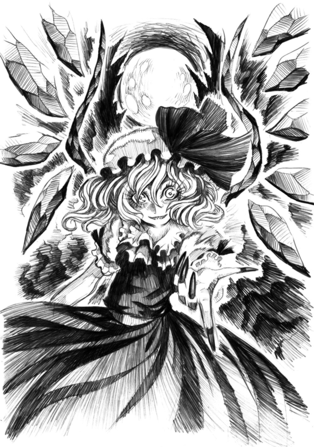 warainaku, flandre scarlet, embodiment of scarlet devil, touhou, bad id, bad pixiv id, highres, 1girl, alternate wings, claws, crazy eyes, eyelashes, female focus, fingernails, greyscale, hat, long fingernails, monochrome, moon, nail (hardware), pointing, sketch, solo, wings