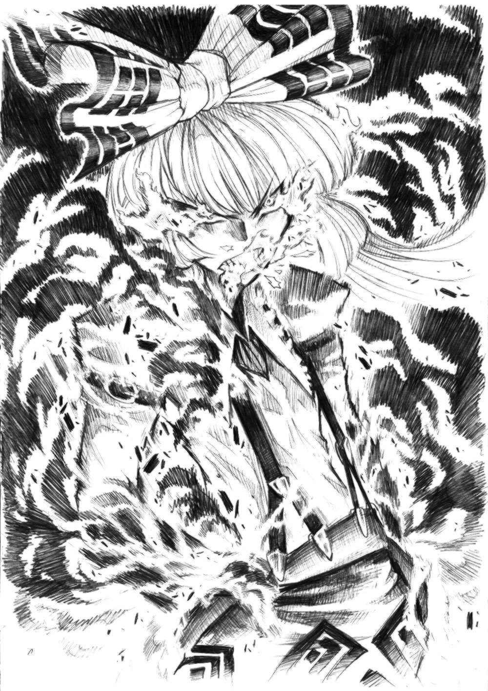 warainaku, fujiwara no mokou, touhou, bad id, bad pixiv id, graphite (medium), highres, traditional media, 1girl, angry, blunt bangs, bow, female focus, fire, frown, greyscale, hair bow, monochrome, pencil, sketch, solo, suspenders, teeth