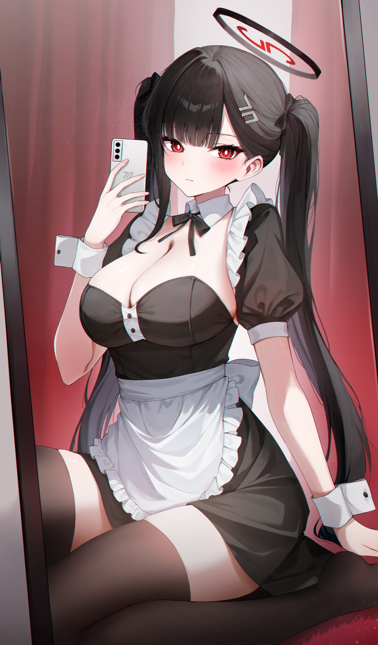 yeohye s2, rio (blue archive), blue archive, commentary, highres, 1girl, apron, arm support, black dress, black hair, black halo, black thighhighs, blunt bangs, blush, breasts, bright pupils, cellphone, cleavage, closed mouth, detached collar, dress, frilled apron, frills, full-length mirror, hair ornament, halo, hand up, holding, holding phone, large breasts, long hair, looking at mirror, looking at viewer, maid, maid apron, millennium science school logo, mirror, multicolored halo, neck ribbon, phone, puffy short sleeves, puffy sleeves, red eyes, reflection, ribbon, short sleeves, sitting, smartphone, solo, thighhighs, thighs, twintails, very long hair, white apron, white pupils, white wrist cuffs, wrist cuffs