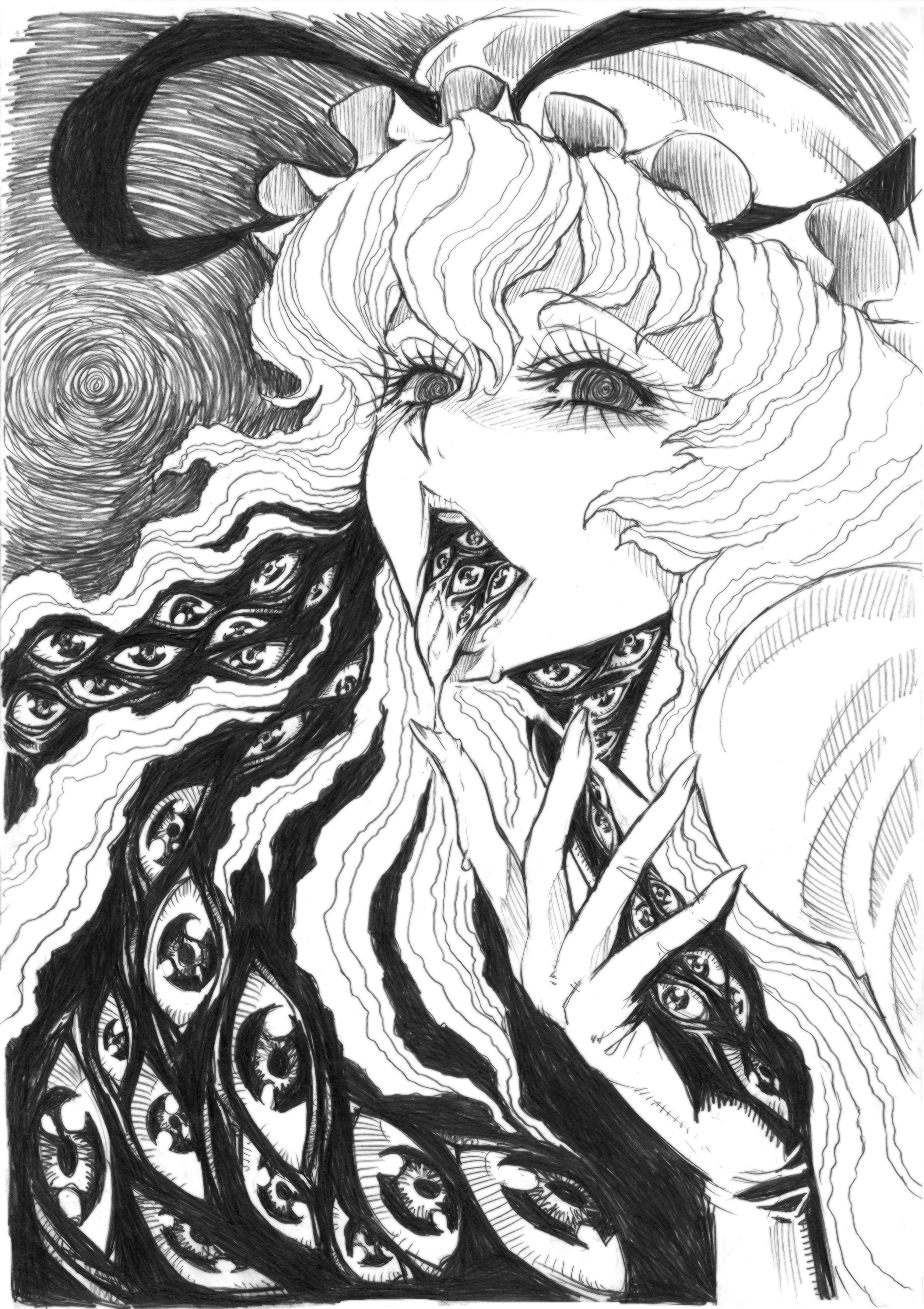 warainaku, yakumo yukari, touhou, absurdres, bad id, bad pixiv id, highres, 1girl, @ @, curly hair, eye focus, eyelashes, female focus, gap (touhou), greyscale, hat, monochrome, sketch, solo, tongue