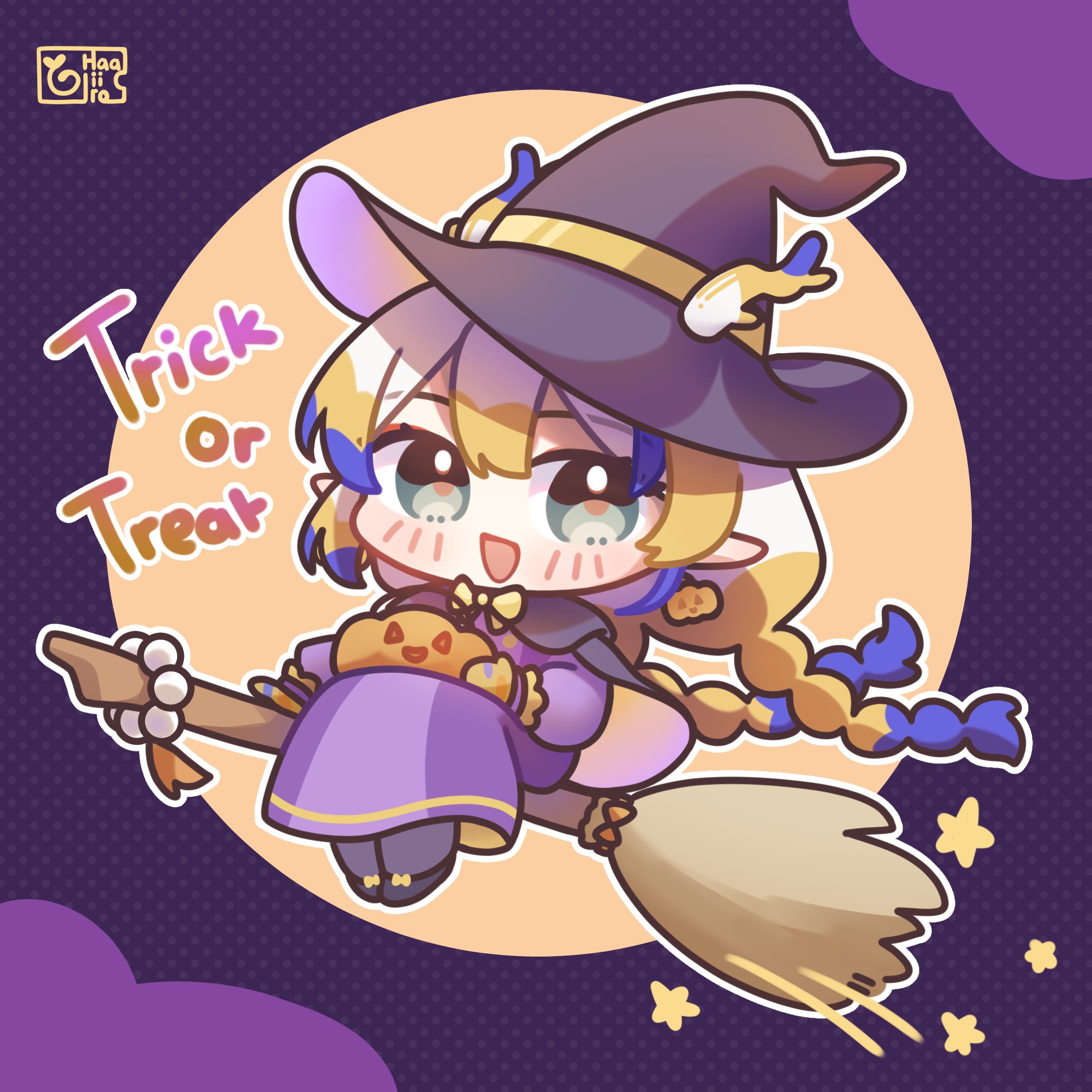 haaiiro, shu (arknights), arknights, commentary request, highres, 1girl, :d, antlers, black capelet, black hat, black shoes, blonde hair, blue hair, blush stickers, bow, braid, broom, broom riding, capelet, chibi, dress, earrings, full body, green eyes, grey pantyhose, halloween, halloween bucket, hat, horns, horns through headwear, jack-o'-lantern, jack-o'-lantern earrings, jewelry, long hair, looking at viewer, low twintails, multicolored hair, open mouth, pantyhose, pointy ears, purple dress, shoes, smile, solo, star (symbol), trick or treat, twin braids, twintails, two-tone hair, very long hair, white hair, witch hat, yellow bow