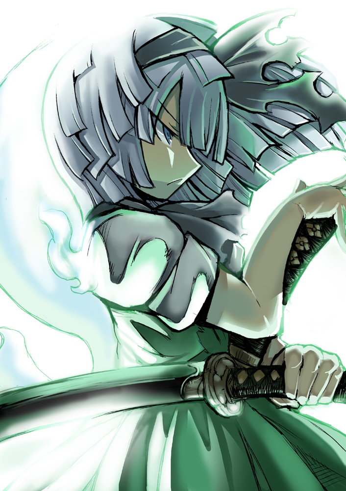 warainaku, konpaku youmu, konpaku youmu (ghost), touhou, silver hair, bad id, bad pixiv id, 1girl, :<, blue eyes, blunt bangs, bob cut, female focus, frown, glowing, hairband, hitodama, profile, serious, sheath, sheathed, short hair, solo, sword, weapon