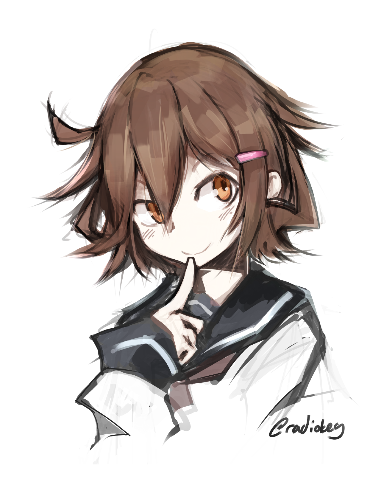 deel (rkeg), ikazuchi (kancolle), kantai collection, highres, 1girl, black sailor collar, blush, brown eyes, brown hair, finger to mouth, hair between eyes, hair ornament, hairclip, index finger raised, long sleeves, neckerchief, one-hour drawing challenge, red neckerchief, sailor collar, school uniform, serafuku, simple background, smile, solo, twitter username, upper body, white background