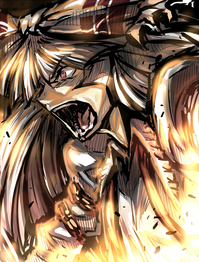 warainaku, fujiwara no mokou, touhou, silver hair, bad id, bad pixiv id, 1girl, angry, bow, close-up, female focus, furious, hair bow, open mouth, red eyes, screaming, solo, teeth