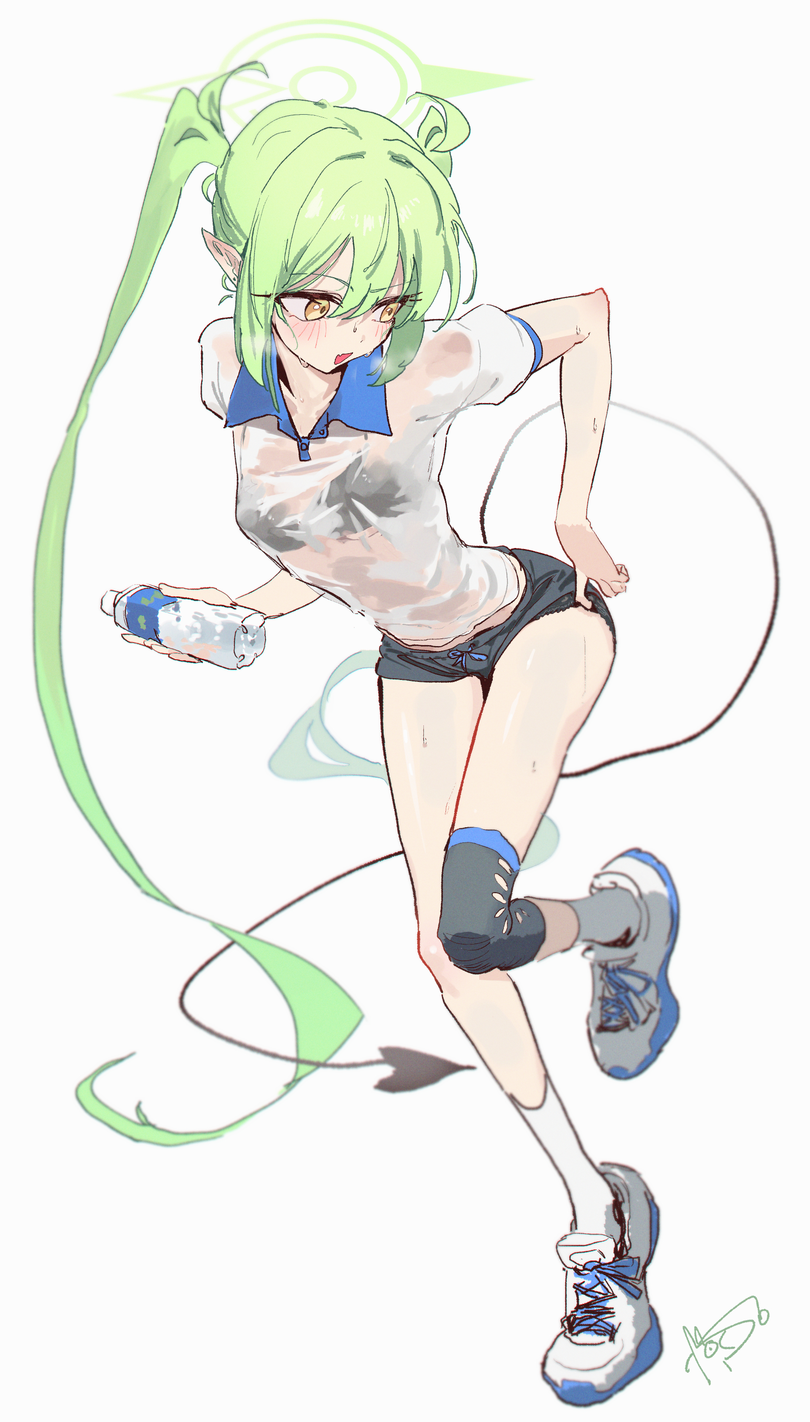 dan nako, hikari (blue archive), blue archive, absurdres, highres, 1girl, alternate costume, alternate hairstyle, black shorts, breasts, demon tail, full body, green hair, green halo, hair bun, hair ornament, halo, leaning forward, long tail, looking back, open mouth, pointy ears, see-through clothes, see-through shirt, shirt, shoes, short shorts, shorts, signature, small breasts, sneakers, solo, standing, sweat, sweaty clothes, tail, wet, wet clothes, wet shirt, white background, white shirt, white shoes