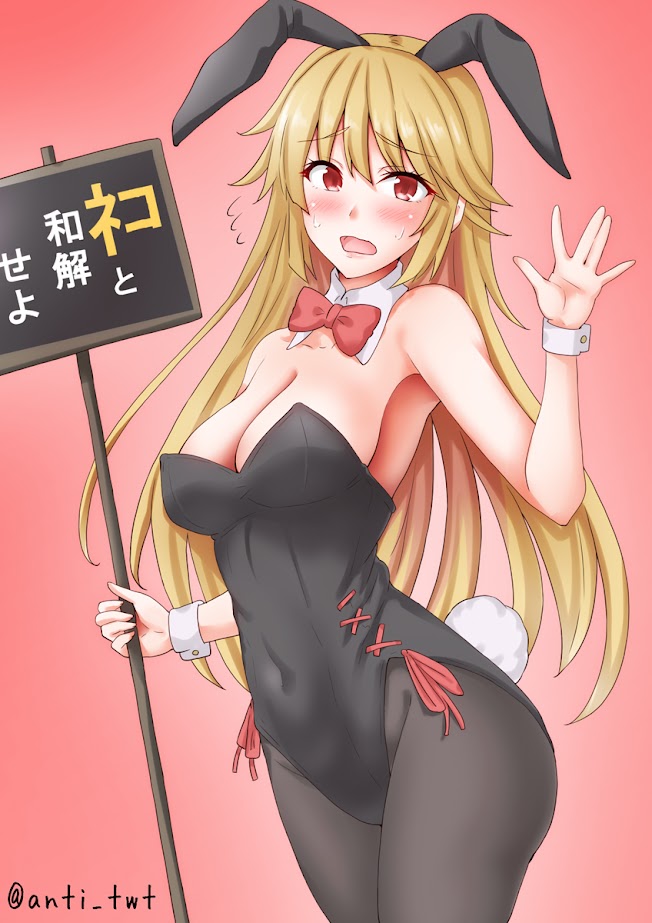 anti (untea9), brooklyn (kancolle), kantai collection, commentary request, 1girl, animal ears, bare shoulders, black leotard, black pantyhose, blonde hair, blush, breasts, cleavage, embarrassed, fake animal ears, flower, gradient background, hair flower, hair ornament, large breasts, leotard, long hair, looking at viewer, pantyhose, playboy bunny, rabbit ears, rabbit tail, red background, red eyes, solo, strapless, strapless leotard, tail, twitter username, wrist cuffs