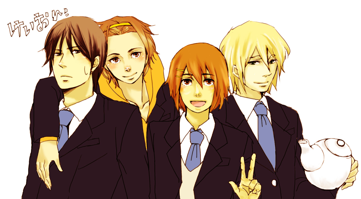 akiyama mio, hirasawa yui, kotobuki tsumugi, tainaka ritsu, k-on!, gender request, 00s, genderswap, male focus