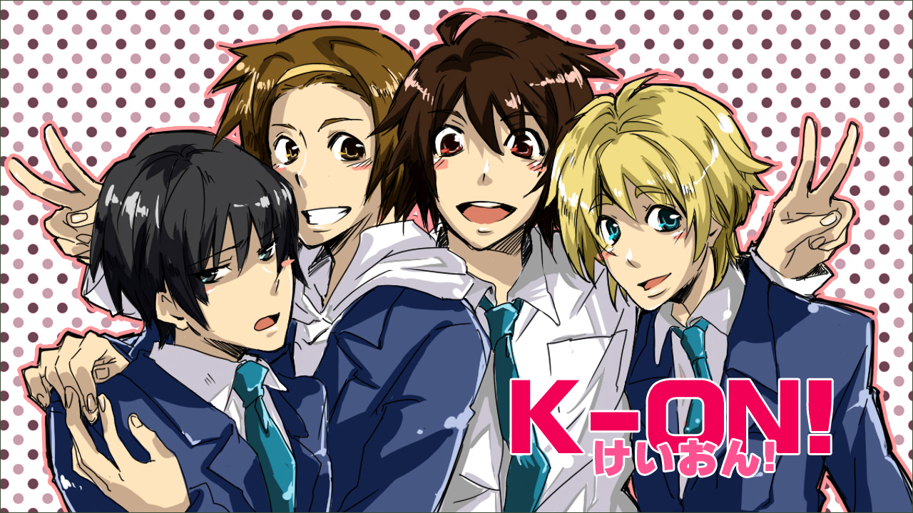 kiu, akiyama mio, hirasawa yui, kotobuki tsumugi, tainaka ritsu, k-on!, gender request, 00s, 4boys, aqua necktie, blonde hair, copyright name, genderswap, ho-kago tea time, male focus, multiple boys, necktie, v