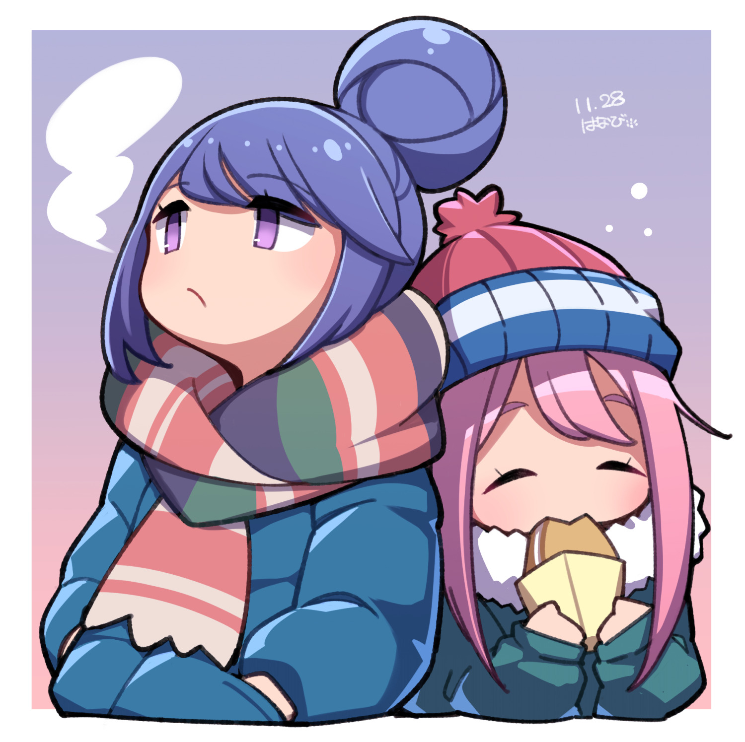 umenodo, kagamihara nadeshiko, shima rin, yurucamp, highres, 2girls, ^ ^, beanie, blue hair, blue jacket, closed eyes, coat, cream puff, deformed, eating, expressionless, food, green jacket, hair bun, hat, jacket, multiple girls, parka, pink hair, pink hat, pom pom (clothes), pom pom beanie, purple eyes, scarf, simple background, snowing, striped clothes, striped scarf, winter clothes, winter coat