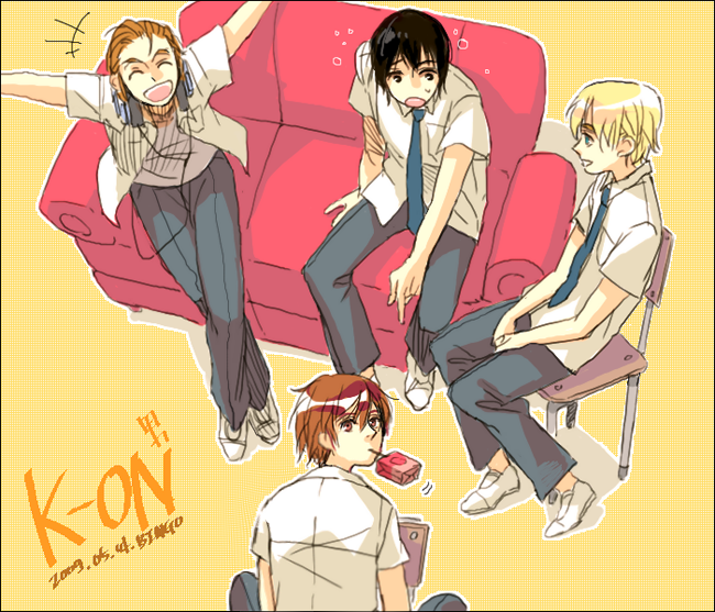 bingo (habanera), akiyama mio, hirasawa yui, kotobuki tsumugi, tainaka ritsu, k-on!, bad id, bad pixiv id, 00s, 4boys, cable, chair, couch, dress shirt, from above, genderswap, genderswap (ftm), headphones, ho-kago tea time, juice box, looking up, male focus, multiple boys, necktie, pants, red upholstery, shirt, simple background, sitting, yellow background