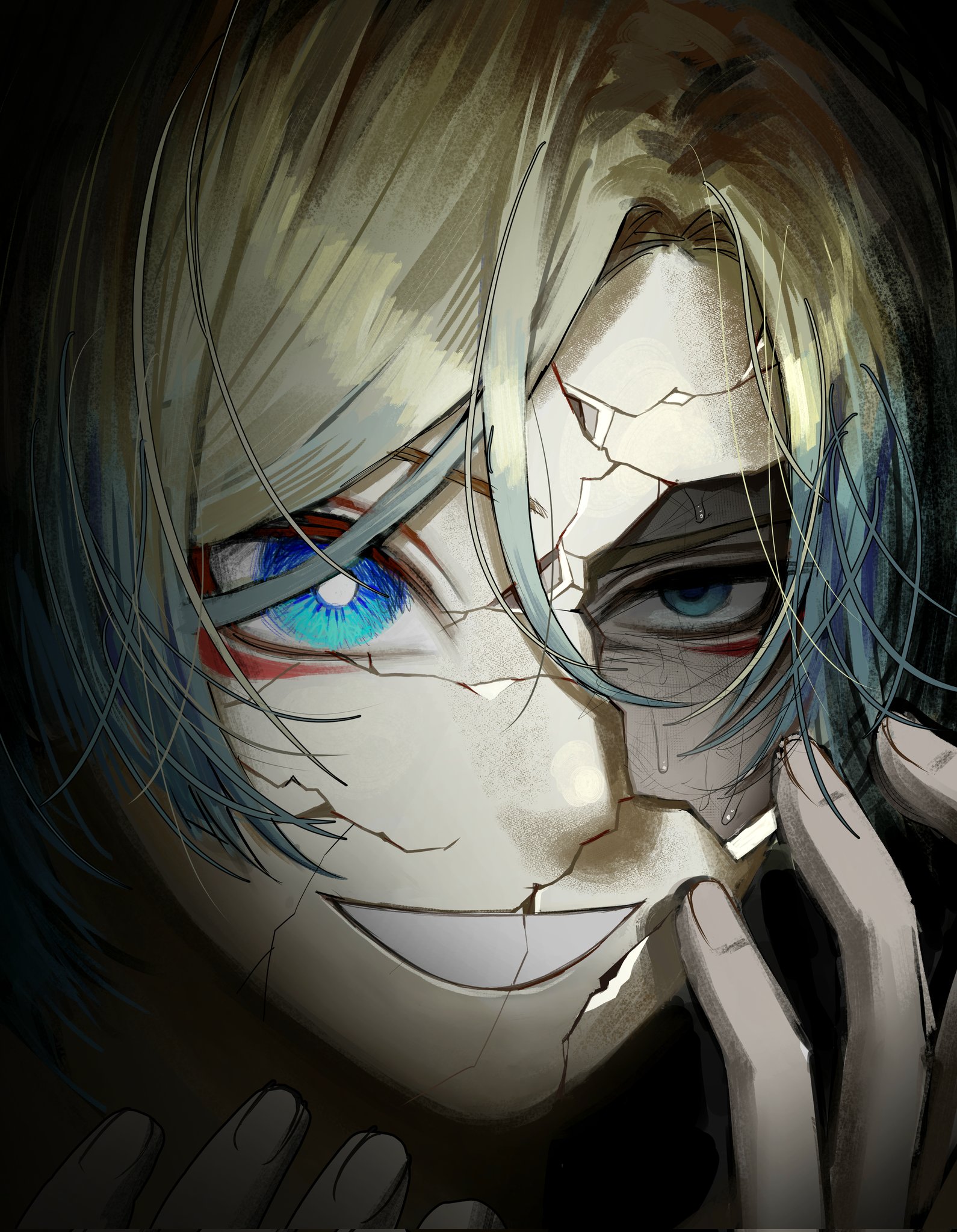 michael kaiser, blue lock, highres, 1boy, arms up, black background, blonde hair, blue eyes, blue hair, broken mask, cracked kawaii mask, cracked mask, ehdakfuqek1, empty eyes, grin, looking at viewer, male focus, mask, multicolored hair, parted hair, smile, solo