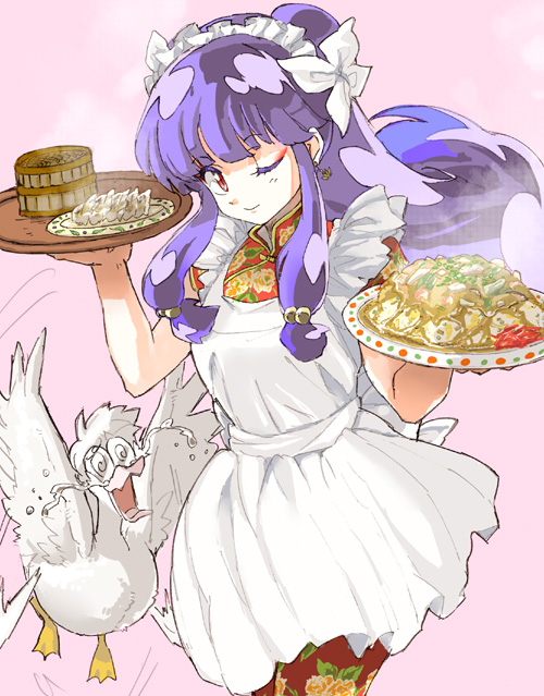 mito tomiko, mousse (duck) (ranma 1/2), mousse (ranma 1/2), shampoo (ranma 1/2), ranma 1/2, 1girl, apron, bird, china dress, chinese clothes, double bun, dress, duck, dumpling, earrings, food, hair bun, headdress, jewelry, jiaozi, long hair, one eye closed, purple hair, red eyes, smile, steam, tears, tray, wink