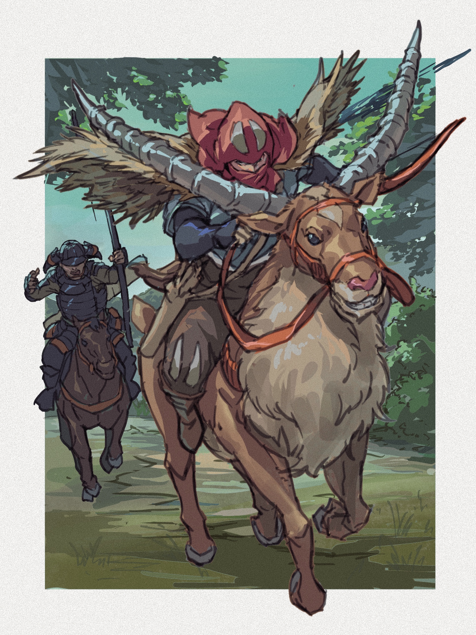 takahito, ashitaka, yakul, mononoke hime, commentary request, highres, 2boys, armor, blue shirt, boots, border, bow (weapon), brown boots, brown pants, bush, chasing, covered mouth, day, full armor, helmet, holding, holding bow (weapon), holding reins, holding weapon, horse, japanese armor, kabuto (helmet), long sleeves, male focus, mask, multiple boys, outdoors, outside border, pants, path, red hood, reins, riding, road, samurai, sheath, sheathed, shirt, shoulder strap, sky, sleeves past wrists, tree, weapon, white border