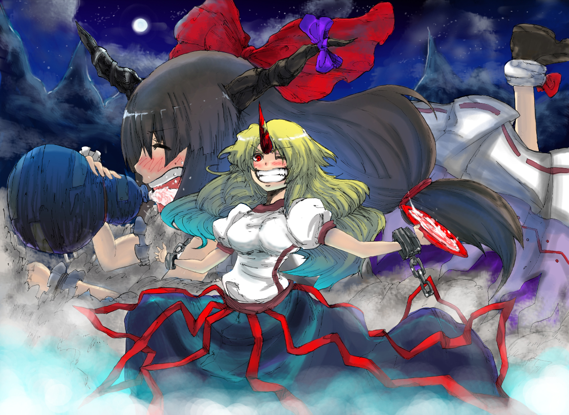 masuzou, hoshiguma yuugi, ibuki suika, touhou, 2girls, alcohol, blonde hair, blush, brown hair, drunk, female focus, giant, giantess, gourd, grin, horns, long hair, moon, multiple girls, one eye closed, red eyes, sake, single horn, smile, wink