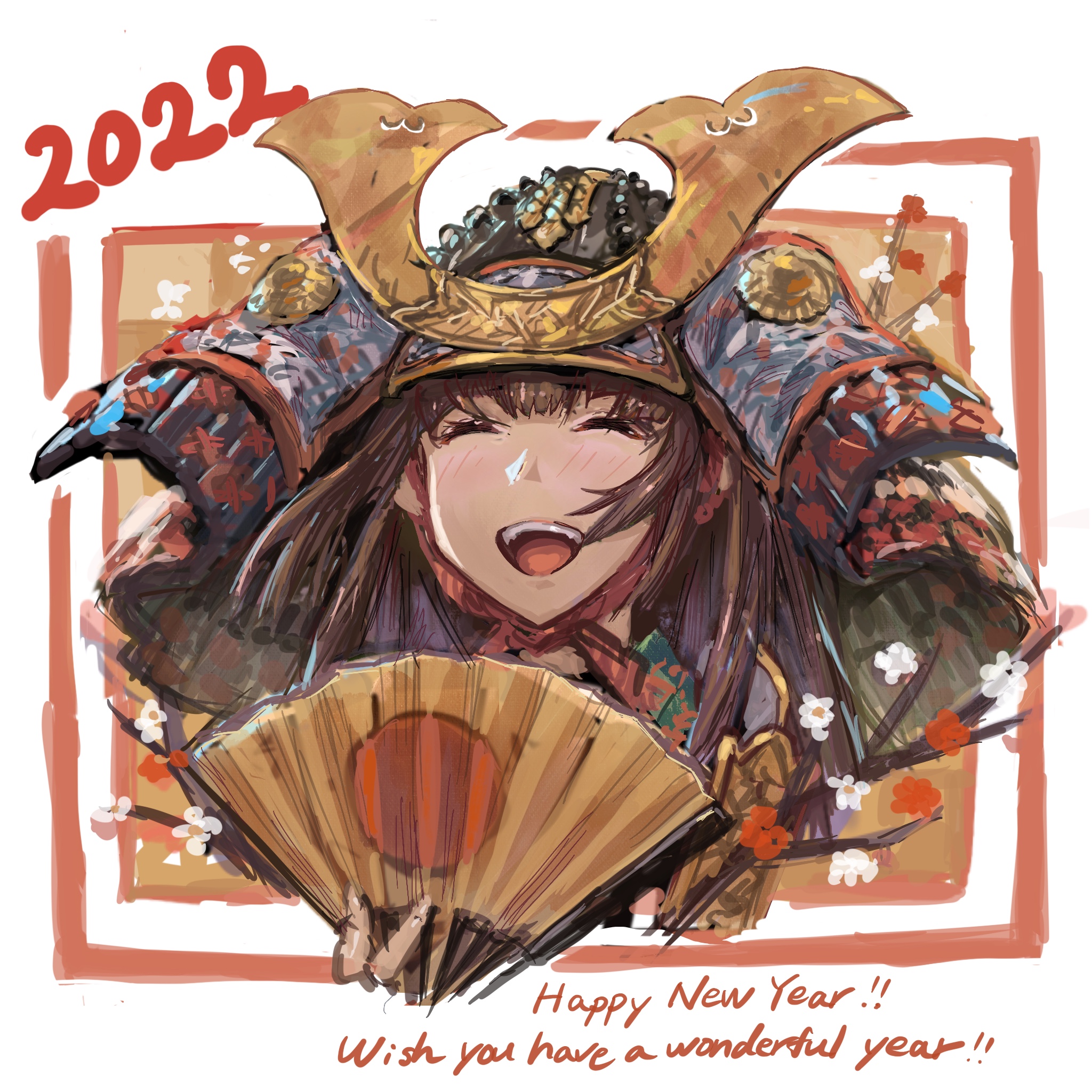 takahito, original, commentary request, highres, 1girl, 2022, ^ ^, armor, blush, branch, brown hair, chinstrap, closed eyes, english text, facing viewer, flower, hand fan, happy new year, helmet, holding, holding fan, japanese armor, kabuto (helmet), long hair, new year, open mouth, portrait, shikoro, smile, solo, teeth, upper teeth only, white background, white flower