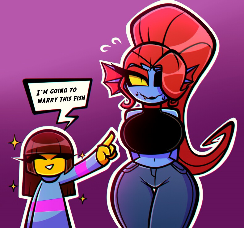 nelljoestar, frisk (undertale), undyne, undertale, utdr (toby fox), commentary, english commentary, 2girls, blue skin, blue sweater, brown hair, closed eyes, closed mouth, colored sclera, colored skin, english text, eyepatch, fins, head fins, long hair, long sleeves, medium hair, monster girl, multiple girls, ponytail, purple background, red hair, shirt, simple background, smile, speech bubble, striped clothes, striped shirt, striped sweater, sweater, two-tone sweater, yellow sclera, yuri